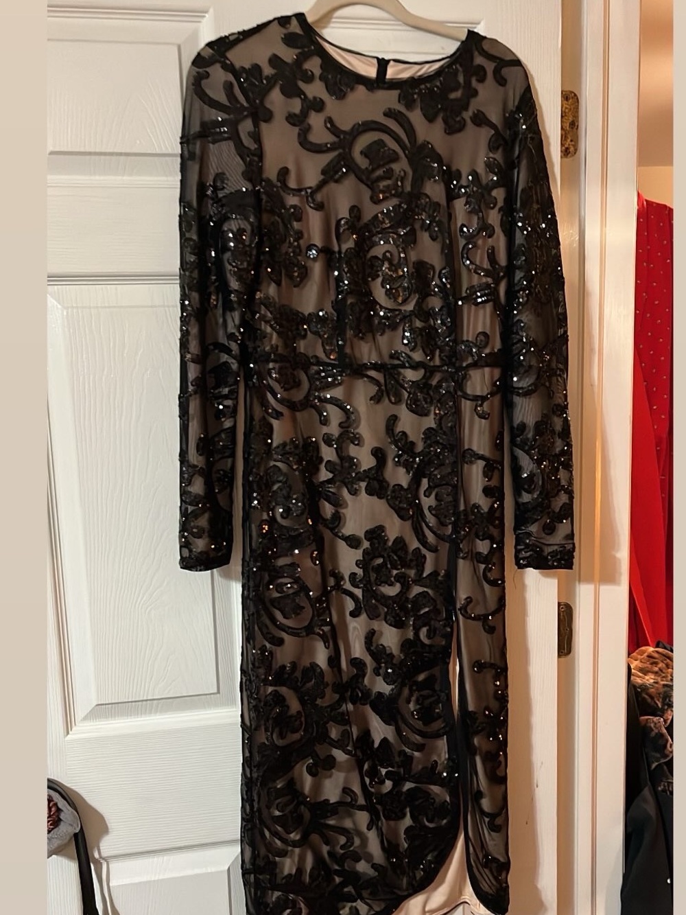 Black Sequin Lace Long-Sleeve Sheer Dress size Large - Picture 3 of 5